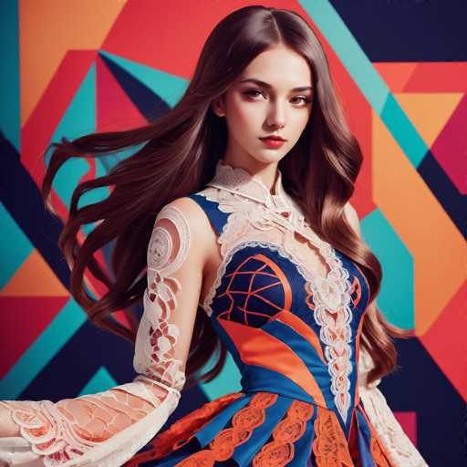 A young woman with long brown hair is the central figure in this image. She is wearing a blue and orange dress that features lace detailing on the bodice and sleeves. The background of the image is a vibrant mix of colors, including red, green, yellow, and blue, creating an abstract patterned backdrop for her.