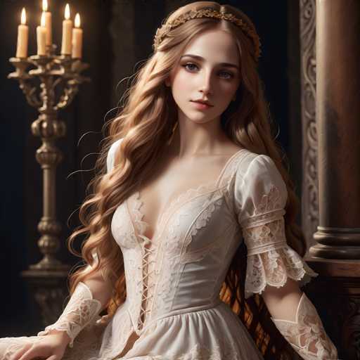 A beautiful young woman with long blonde hair is seated on a chair in front of a candelabra and pillar. She is wearing an elegant white dress adorned with lace sleeves and a gold crown on her head. The candelabra behind her features six candles that cast a warm glow, illuminating the scene.