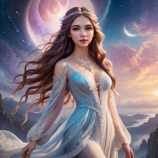A beautiful young woman with long brown hair is the central figure in this digital illustration. She is wearing a blue dress adorned with white lace and a tiara on her head. The background features a sky filled with stars and planets, creating an otherworldly atmosphere.