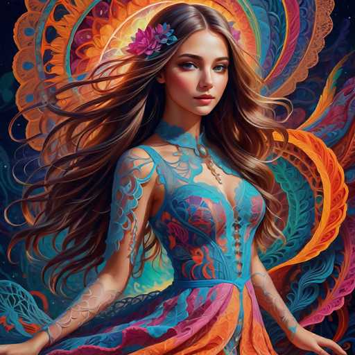 A young woman with long brown hair is the central figure in this digital illustration. She's wearing a blue dress adorned with orange and pink floral patterns on the bodice and skirt. The background features a vibrant display of colors and shapes that appear to be swirling around her.
