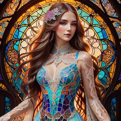 A woman with long brown hair is standing in front of a stained glass window that features intricate designs and patterns in shades of blue, green, and gold. She is wearing a blue dress adorned with white lace detailing and a pink flower in her hair. The background is dark and blurred, drawing attention to the woman as the focal point of the image.