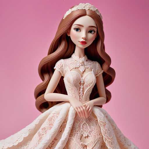 A figurine of a woman with long brown hair and a white dress is posed on her hands against a pink background.