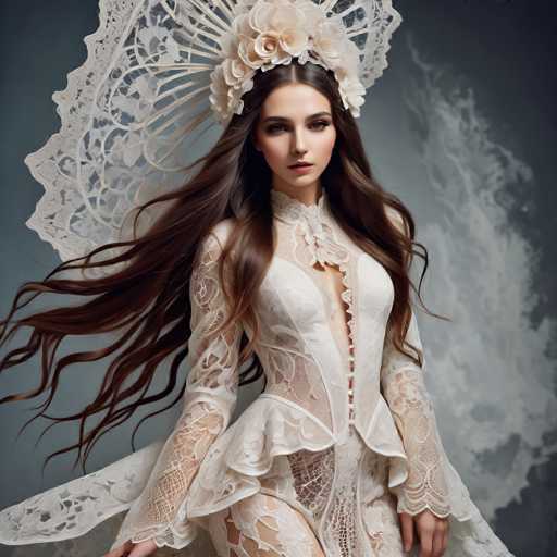 A woman with long brown hair is the central figure in this image. She is wearing a white dress that features lace detailing and a large flower crown on her head. The background of the image is a dark blue color, which contrasts with the white elements of the woman's attire.