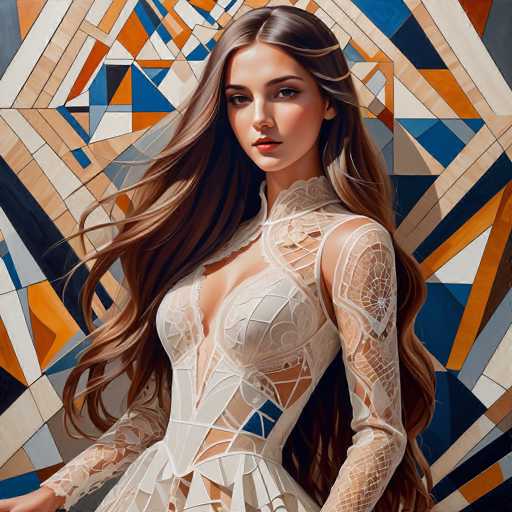 A woman with long brown hair is standing against a colorful geometric patterned wall. She is wearing a white lace dress that features a corset and a train. The background of the image is a mosaic of blue, orange, and white colors.