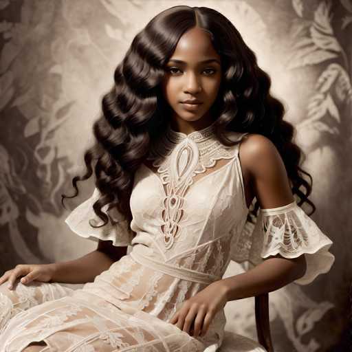A woman with long dark hair is seated on a chair against a backdrop featuring a floral patterned wall and a white dress with lace detailing.