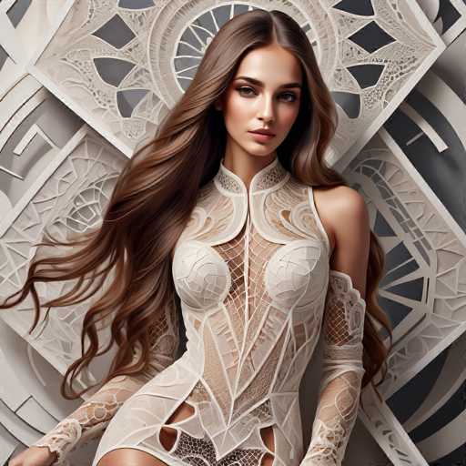 A woman with long brown hair is standing against a white background adorned with black geometric patterns and designs. She is wearing a white dress that features lace detailing on the bodice and skirt. The woman's pose suggests she is posing for a portrait or photograph.