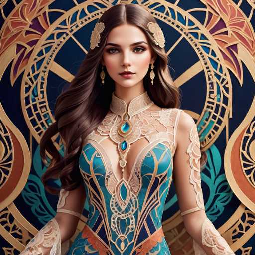 A woman with long brown hair is the central figure in this image. She is wearing a blue and gold dress that features intricate designs on the bodice and skirt. The background of the image is a dark blue color adorned with gold accents, creating an opulent and regal atmosphere. The woman's pose suggests she is posing for the photo, possibly against a wall or other backdrop.