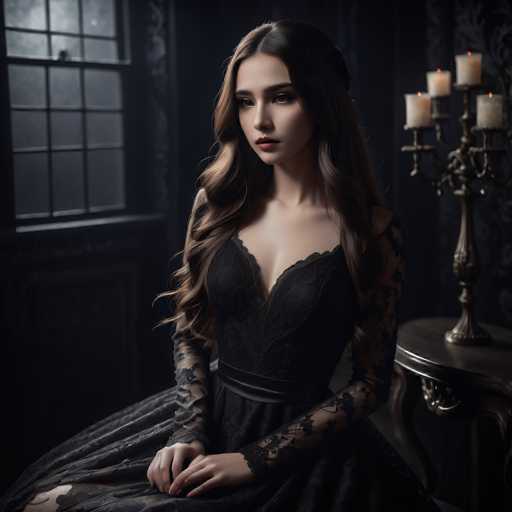 A woman with long brown hair is sitting on a wooden chair and wearing a black lace dress that falls down to her knees. She has dark hair styled in loose curls and is looking off to the side. The room around her features a large window dressed with curtains, a candelabra, and a table draped with a white tablecloth.