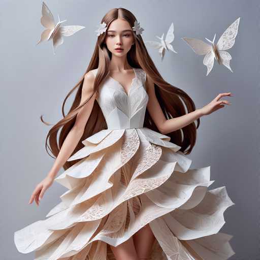 A young woman with long brown hair is the central figure in this image. She is wearing a white dress adorned with ruffles and lace trim that cascades down to her feet. The dress features a train at the bottom, adding an elegant touch to her appearance. Above her head, there are three butterflies floating in the air, their wings spread wide as if they're dancing.