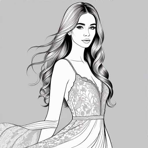 A black and white line drawing depicting a woman with long hair wearing a lace dress against a gray background.