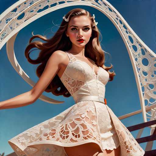 A woman with long brown hair is captured mid-stride on a white runway, wearing a white lace dress and red lipstick. The backdrop features a white archway adorned with intricate designs in shades of blue and green.