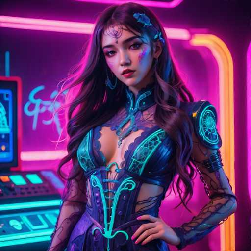 The image shows a woman with long brown hair wearing a blue and green dress adorned with intricate designs. She is standing in front of a neon-lit machine that has the letters "EPS" written on it. The background features a dark purple color scheme with neon lights.