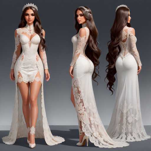 The image presents three different views of a woman wearing a white wedding dress with lace detailing and a tiara on her head. The dresses vary in length but share the same overall style and color scheme.