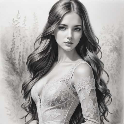 The image is a black and white portrait of a woman with long hair wearing a lace dress. The background features trees and bushes, creating an impressionistic style that emphasizes the subject's form rather than color.