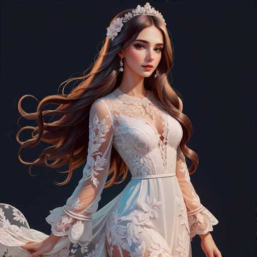 A woman with long brown hair is standing against a black background wearing a white dress with lace sleeves and a tiara on her head.