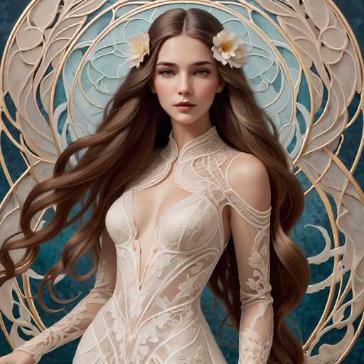 A woman with long brown hair is the central figure in this image. She is wearing a white dress that features an intricate lace design on the bodice and sleeves. The background of the image is a deep blue color, which contrasts with her dress and highlights her as the main subject. There are no other discernible texts or objects present in the image.