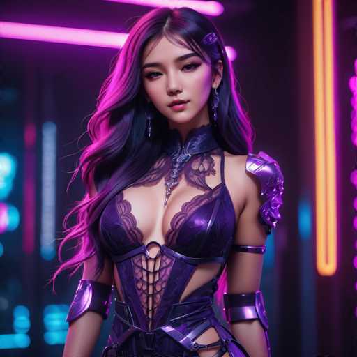 The image shows a woman with long dark hair wearing a purple dress and silver armor. She is standing against a backdrop of neon lights that create an ethereal glow around her. The woman's gaze is directed straight at the camera, giving off an air of confidence and strength.