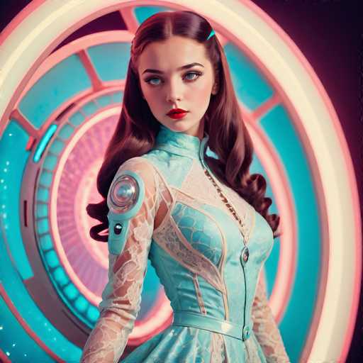 A young woman with long brown hair and striking blue eyes is the central figure in this image. She's dressed in a light blue dress that contrasts beautifully against her dark hair. The background features a circular pattern of pink and white lights, creating an ethereal atmosphere around the woman.