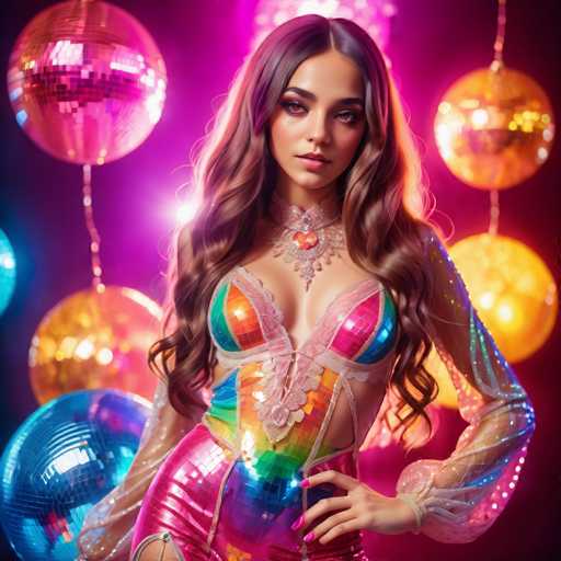 A woman is standing against a backdrop of colorful disco balls and balloons. She is wearing a sequined dress with a large neckline and a necklace featuring a large pendant. The woman has long brown hair that falls over her shoulders.