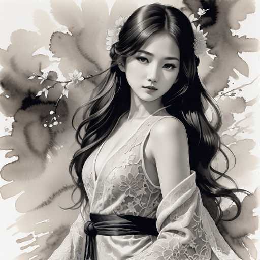 A black and white illustration depicting a young woman with long hair wearing a white dress adorned with lace sleeves and a sash around her waist. The background features a floral pattern, adding to the overall aesthetic of the piece.