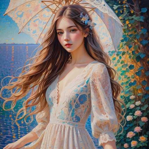 The image depicts a young woman with long brown hair wearing a white dress and holding an open umbrella over her head. The background features a serene garden scene with trees and flowers.