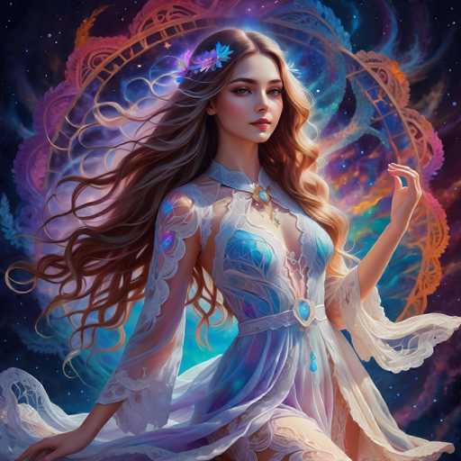A beautiful young woman with long brown hair is the central figure in this digital illustration. She is adorned in a white dress that contrasts with her dark hair and features a blue necklace. The background of the image is a vibrant mix of purple and orange hues, creating an ethereal atmosphere. The woman's pose suggests she is walking or standing still, possibly gazing into space as if exploring the universe.