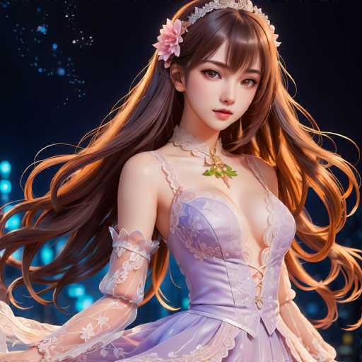 The image depicts a woman with long brown hair wearing a purple dress and a flower crown on her head. She is standing against a dark blue background that features white lights, giving the impression of a city at night. The woman's gaze is directed straight at the camera, creating an engaging visual connection between the viewer and the subject.