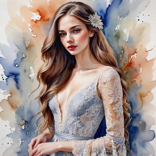 The image depicts a woman with long brown hair wearing a blue lace dress and holding a white flower in her hair. The background is a gradient of blue and orange colors, creating an abstract backdrop that complements the woman's attire.