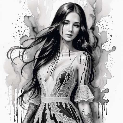 The image is a black and white portrait of a woman with long hair wearing a dress that has lace detailing on the bodice. The woman's face is partially obscured by her hair, adding an air of mystery to the scene. The background features watercolor splatters in various shades of gray, creating a sense of depth and texture.