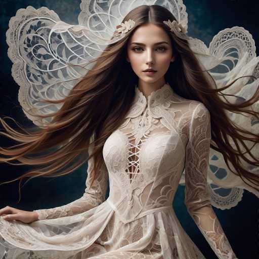 A young woman with long brown hair is the central figure in this image. She is wearing a white dress that features lace detailing and a corset-like design on the bodice. The dress has a high neckline and long sleeves, giving it an elegant and sophisticated appearance. The woman's gaze is directed straight at the camera, creating a sense of connection with the viewer.