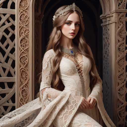 A young woman with long blonde hair is standing in front of a large archway adorned with intricate designs and patterns. She is wearing a white dress that flows down to her feet, and a crown on her head. The woman's gaze is directed straight at the camera, creating an engaging portrait.