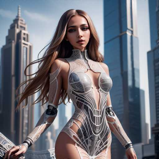 A woman with long brown hair is standing on a rooftop and posing for the camera. She is wearing a futuristic bodysuit that has a metallic sheen and intricate designs. The backdrop of the image features tall buildings in various shades of gray and white, suggesting an urban setting.
