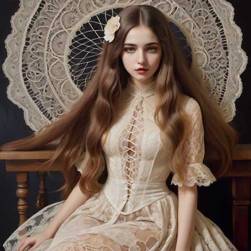 A young woman with long brown hair is seated on a wooden bench, wearing a white lace dress and a flower in her hair. The background features a black and white patterned fabric that appears to be a lace doily or curtain.