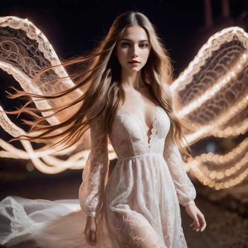 A young woman with long blonde hair is the central figure in this image. She is wearing a white dress that falls down to her knees and has lace sleeves. The background features a dark blue color, which contrasts with the lighter elements of the scene. There are also orange lights scattered throughout the image, adding an artistic touch to the overall composition.