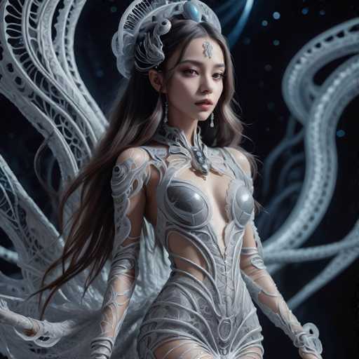 The image shows a woman with long brown hair wearing a white dress and headdress adorned with feathers. She is standing against a black background that features intricate white lines and shapes, giving the impression of a starry night sky or a galaxy. The woman's pose suggests she might be in a dance or performance setting, as her body language indicates movement and grace.