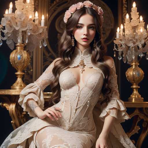 A beautiful young woman is seated on a golden chair with her legs crossed and wearing an elegant white dress adorned with pink flowers. She has long brown hair styled in loose waves that cascades down her shoulders. The woman's face is lit up by a stunning gold headpiece featuring a large flower, adding to the regal atmosphere of the scene. In the background, there are two ornate candelabras and a chandelier hanging from the ceiling, creating an opulent setting for this captivating portrait.