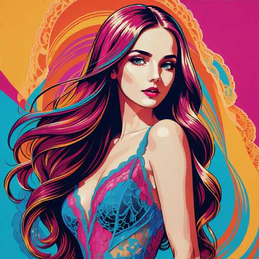 The image depicts a woman with long, flowing hair wearing a blue lace bra and pink panties against an abstract background of orange, purple, and yellow lines. The woman is looking directly at the camera with a serious expression on her face.