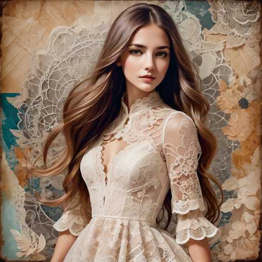 A young woman with long brown hair is the central figure in this image. She is wearing a white lace dress that falls just below her knees and has a high neckline. The background features a floral pattern in shades of blue and green, which complements the woman's attire.