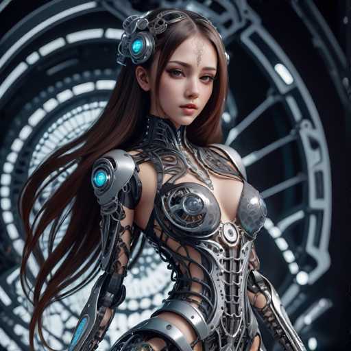 The image shows a close-up portrait of a woman with long brown hair and a silver bodysuit adorned with intricate designs. The woman is wearing a headpiece that features blue jewels. She has her arms crossed in front of her body, creating an elegant pose against the backdrop of a black circular wall with white lines running through it.