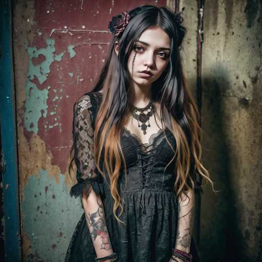 A young woman with long brown hair is standing against a red and blue wall. She is wearing a black dress that has lace sleeves and a corset-like top. The woman's face is partially obscured by a black headband adorned with pink flowers.