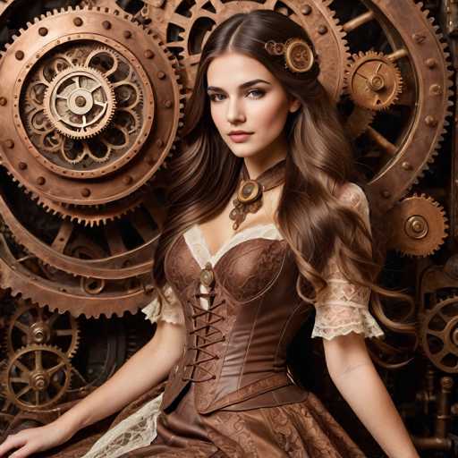 A woman with long brown hair is seated on a chair in front of a large machine that has gold gears and cogs. She is wearing a brown dress with lace sleeves and a corset. The background features a large metal gear surrounded by smaller gears, creating an industrial or mechanical theme for the image.