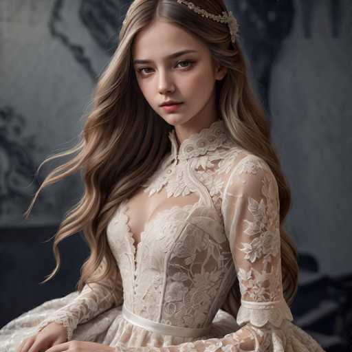 A young woman with long brown hair is the central figure in this image. She is wearing a white lace dress that falls just below her knees and has a high neckline. The background features a black wall adorned with a painting of a tree.