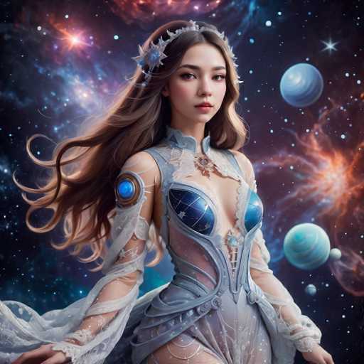 A woman with long brown hair is standing against a backdrop of stars and planets. She is wearing a blue dress that has a white bodice and sleeves, and she is holding a blue crystal in her left hand. The background features a mix of red and blue hues, suggesting the presence of distant planets or stars.
