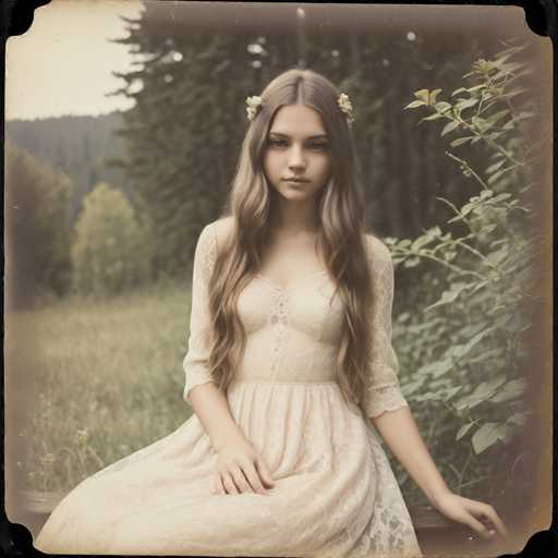 A young woman with long brown hair is seated on a bench in a lush green field, wearing a white lace dress and holding a bouquet of flowers in her lapel. The image has a vintage filter applied to it, giving it an old-fashioned charm.