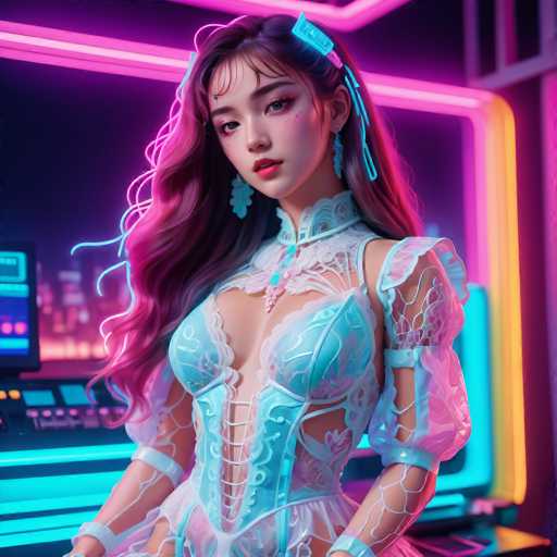 The image shows a woman with long hair wearing a blue dress and a tiara on her head. She is standing against a neon background that includes pink, blue, yellow, and green lights. The woman's pose suggests she is posing for the photo.