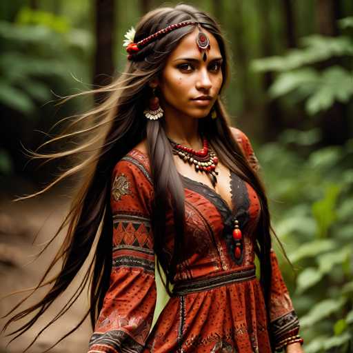 A woman with long brown hair is standing in a forest surrounded by trees and foliage. She is wearing an orange dress adorned with black patterns and red earrings that match the color of her necklace. The background is blurred, but it appears to be a wooded area filled with green leaves and branches.