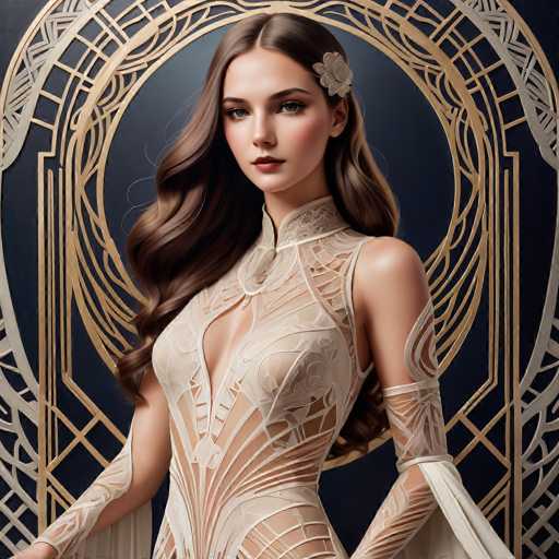 A woman with long brown hair is standing against a blue background adorned with gold designs and patterns. She is wearing an elegant white dress that features intricate lace detailing on the bodice and sleeves. The woman's pose suggests she is posing for a portrait or photograph.