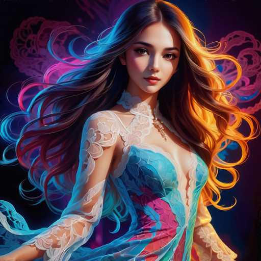 The image depicts a woman with long brown hair wearing a blue dress adorned with white lace sleeves and a necklace. The background is a dark purple color with a pattern of pink and blue swirls.