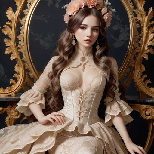 A beautiful young woman is seated on a gold chair with a floral patterned cushion and a gold frame around the backrest. She is wearing an elegant white dress adorned with lace detailing and a large flower crown made of pink flowers. The background features a dark blue wall with gold accents, creating a luxurious and opulent atmosphere.
