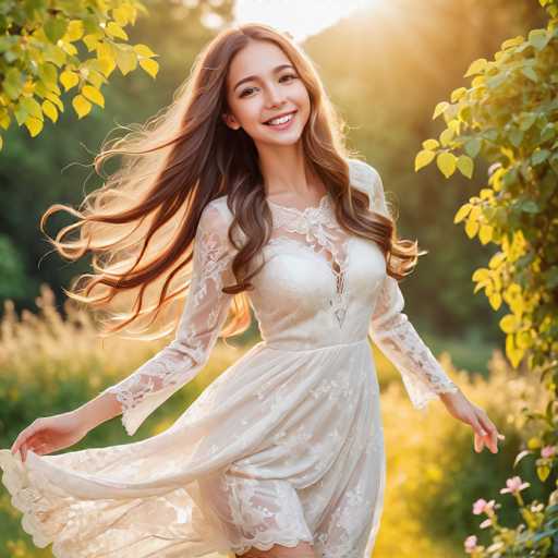 A young woman with long brown hair is captured mid-stride on a path through a lush garden. She is wearing a white dress that contrasts beautifully against the verdant backdrop of trees and bushes. The sunlight filters through the foliage, casting dappled shadows on her face as she walks towards the camera.